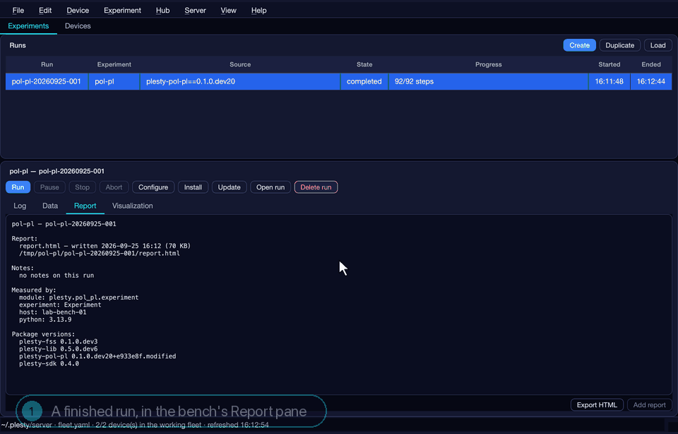 Pressing Export HTML, then scrolling the report: run information, device setup, configuration, the fine-structure analysis and the raw data