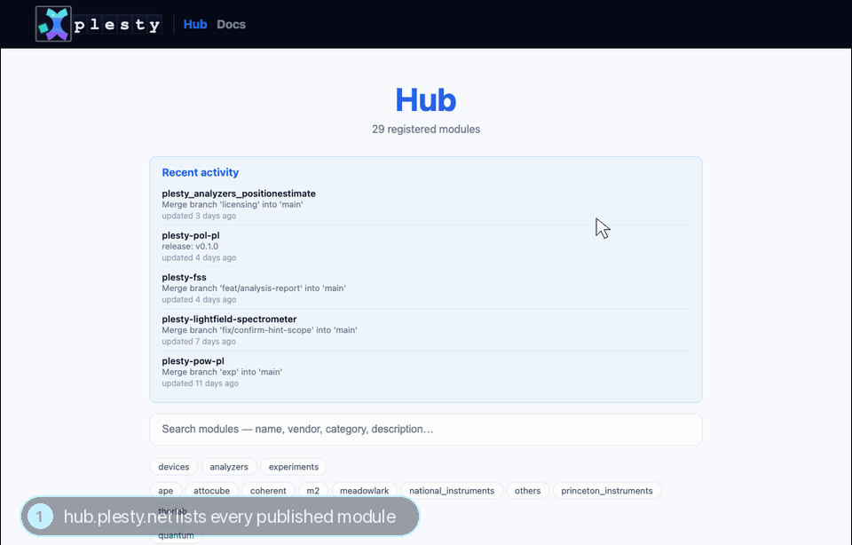 hub.plesty.net: searching a module, opening its card and copying its install line