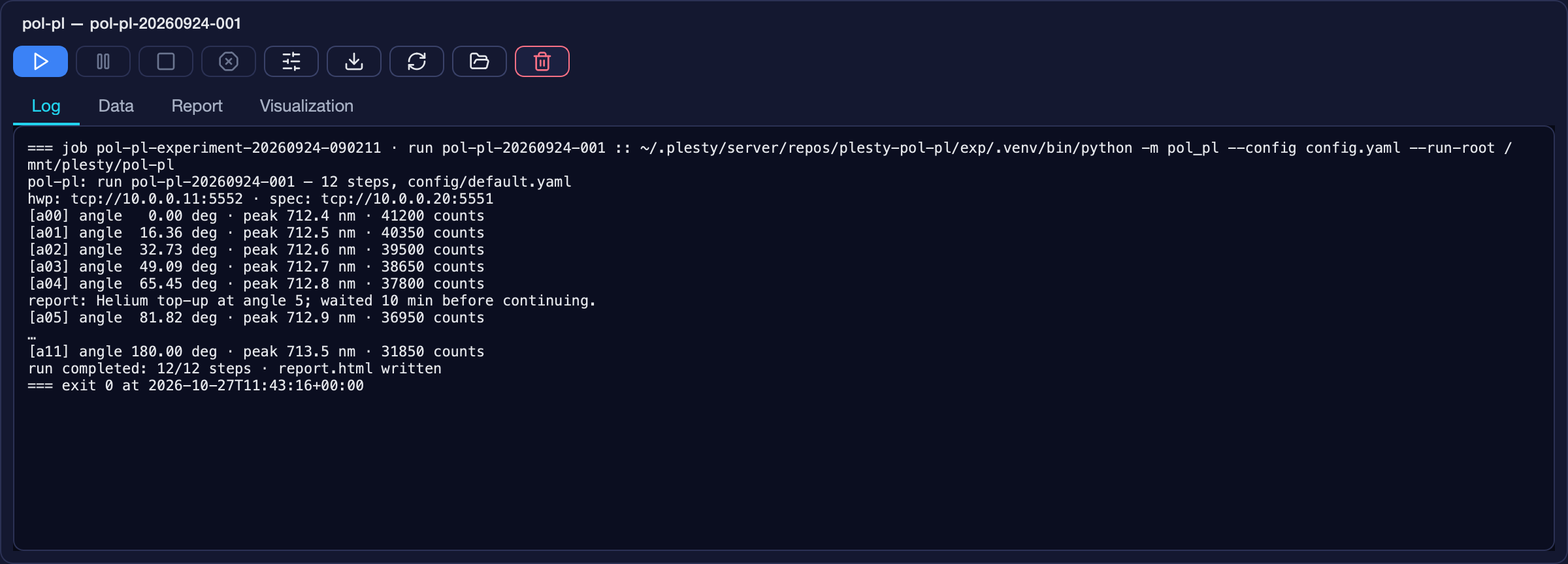 The Log pane of a run