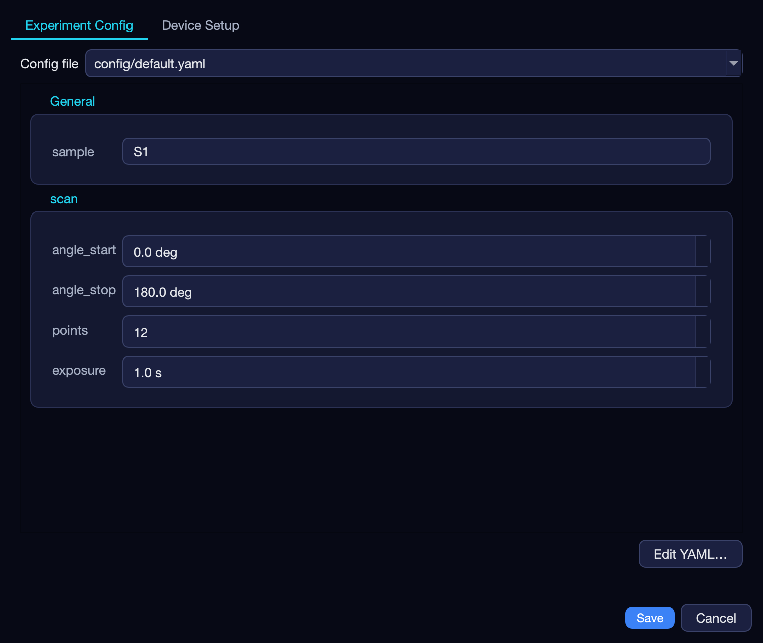 The Experiment Config tab: sample name and scan settings with units, generated from the experiment's schema