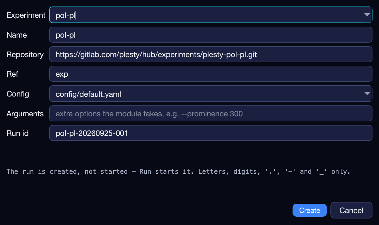The Create run dialog: experiment, repository, ref, config file and run id